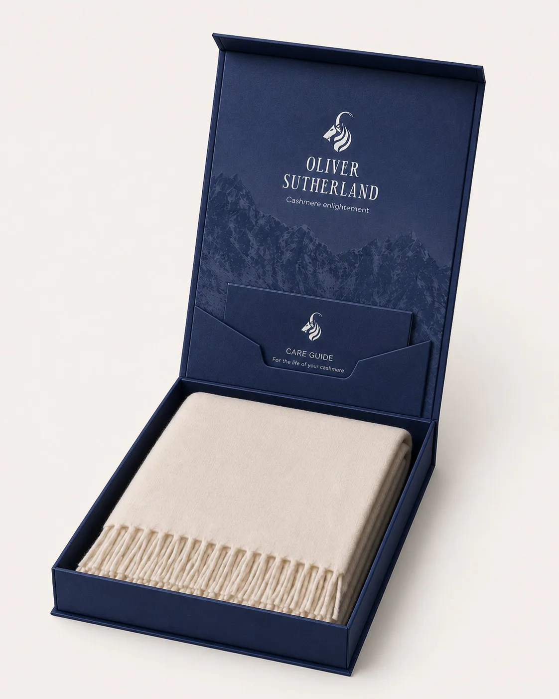 Rigid 7-panel preservation box, opened — cashmere folded inside